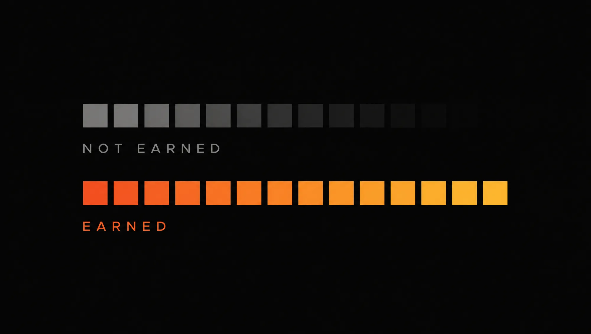 Two rows of blocks. The upper row fades to nothing across its length, labelled not earned. The lower row holds an unbroken orange-to-amber progression, labelled earned.