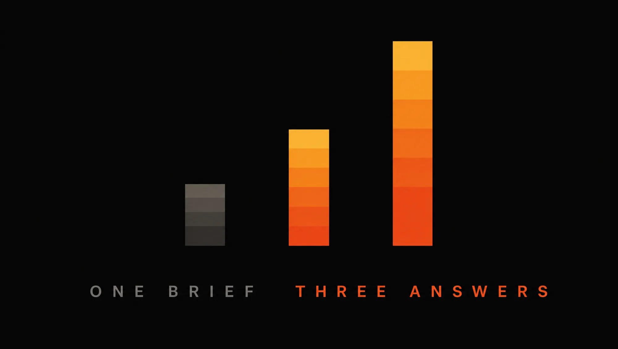 Three stacked columns of differing height, each built from the same coloured segments in different proportions, beneath a common hairline — one brief, three answers.