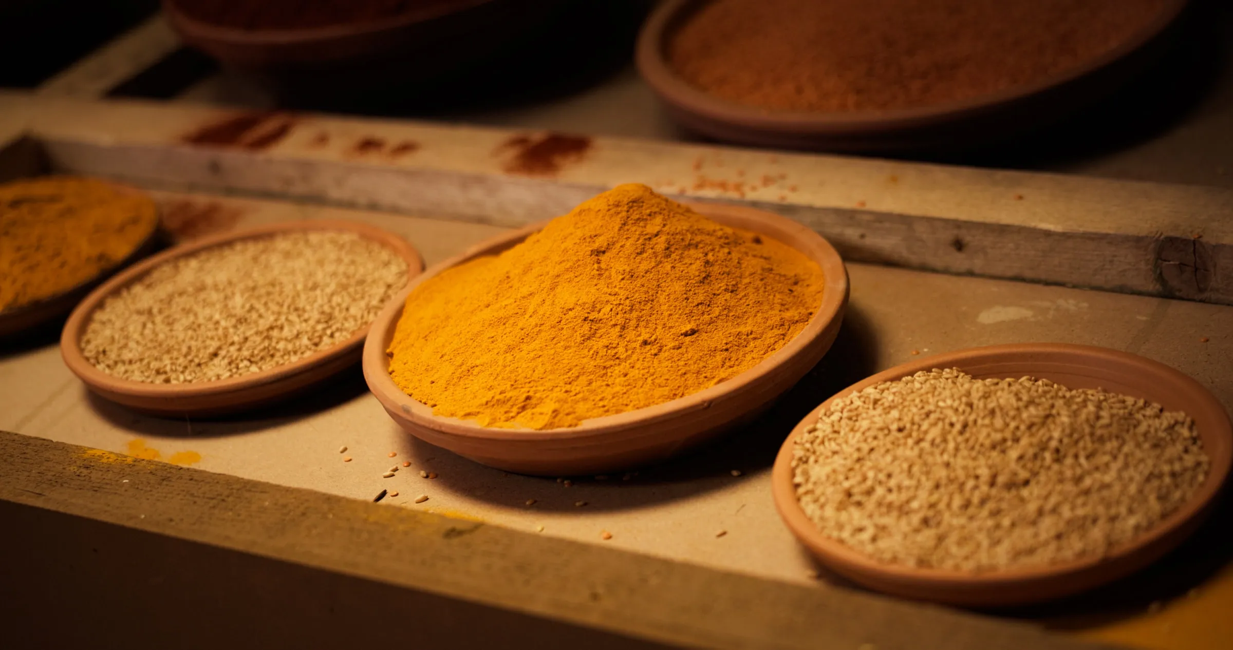 Ground spices and grains in shallow clay bowls arranged along a market counter